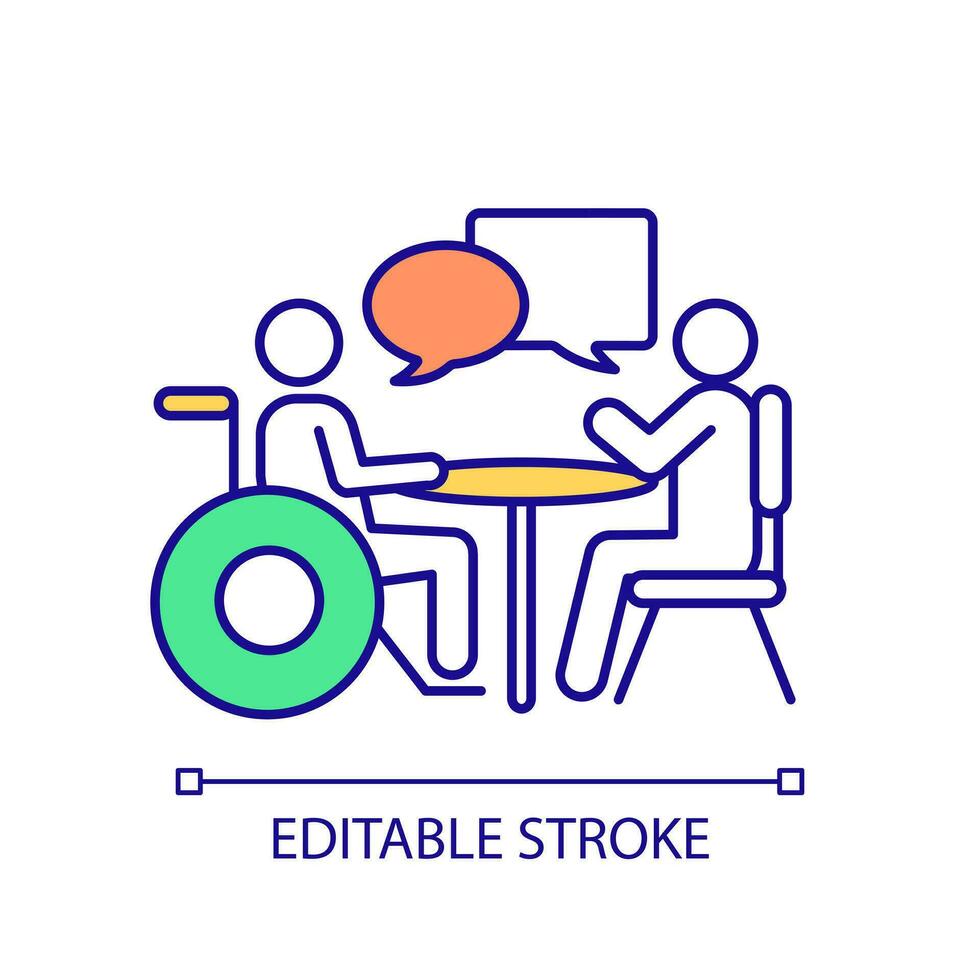 Support of disabled employee in workplace RGB color icon. DEI principles in communication. Inclusive staff hiring. Isolated vector illustration. Simple filled line drawing. Editable stroke