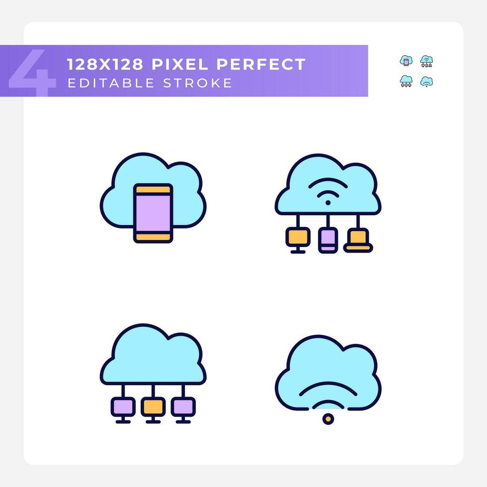 Connect devices to cloud based servers pixel perfect RGB color icons set. Share data via internet network. Isolated vector illustrations. Simple filled line drawings collection. Editable stroke