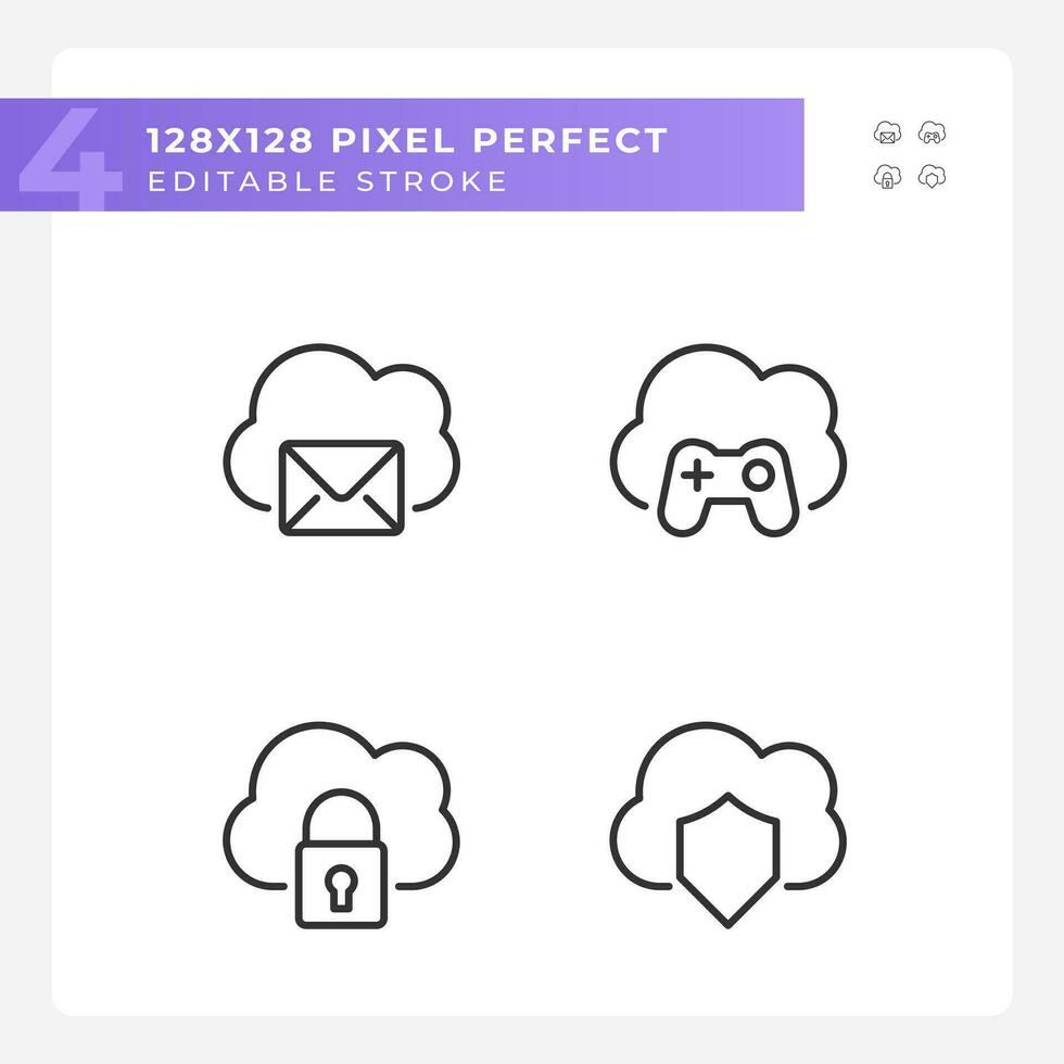 Purposes of cloud computing pixel perfect linear icons set. Online servers in multiple spheres. Customizable thin line symbols. Isolated vector outline illustrations. Editable stroke