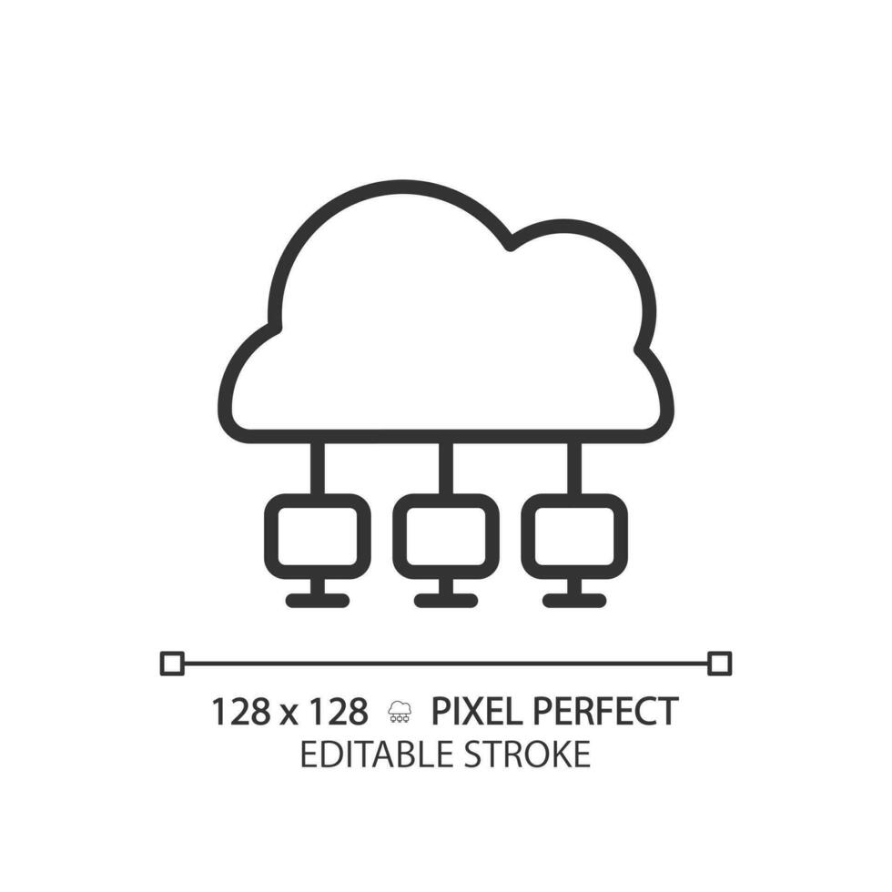 Cloud network pixel perfect linear icon. Central repository of digital data. Virtual computing system. Thin line illustration. Contour symbol. Vector outline drawing. Editable stroke