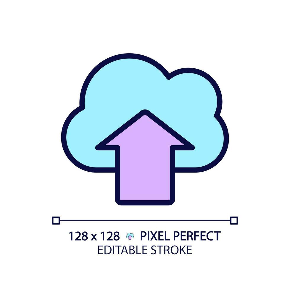 Upload files on cloud based storage pixel perfect RGB color icon. Safe virtual server for users data. Information online. Isolated vector illustration. Simple filled line drawing. Editable stroke