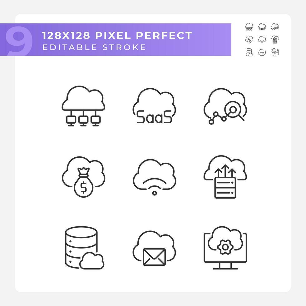 Access to data on cloud based resources pixel perfect linear icons set. Computing system features. Customizable thin line symbols. Isolated vector outline illustrations. Editable stroke