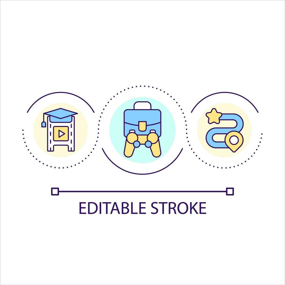 Integrate games in education loop concept icon. Digital technology of learning. Studying process abstract idea thin line illustration. Isolated outline drawing. Editable stroke vector