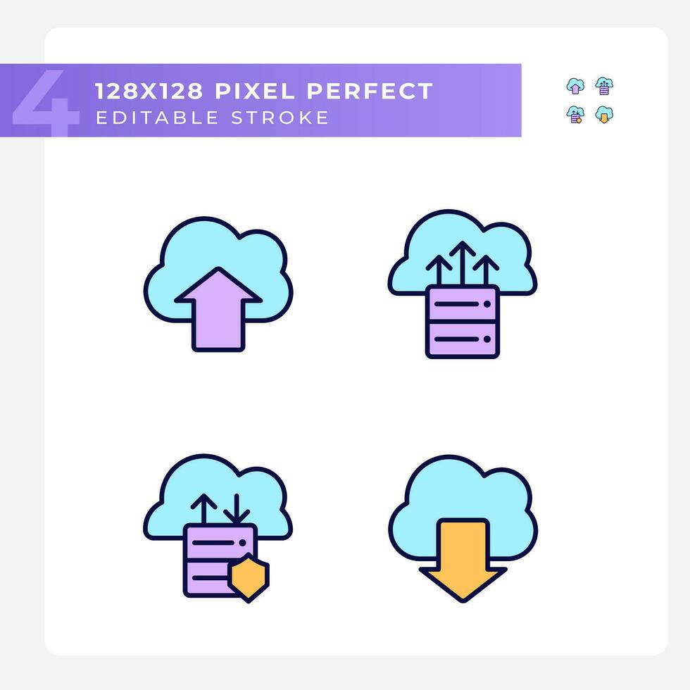 Data exchange via cloud resources pixel perfect RGB color icons set. Upload and download files on storage. Isolated vector illustrations. Simple filled line drawings collection. Editable stroke