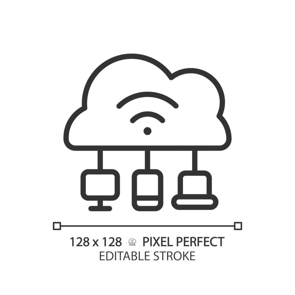 Cloud based IoT pixel perfect linear icon. Internet of things features. Massive network with devices and apps. Thin line illustration. Contour symbol. Vector outline drawing. Editable stroke