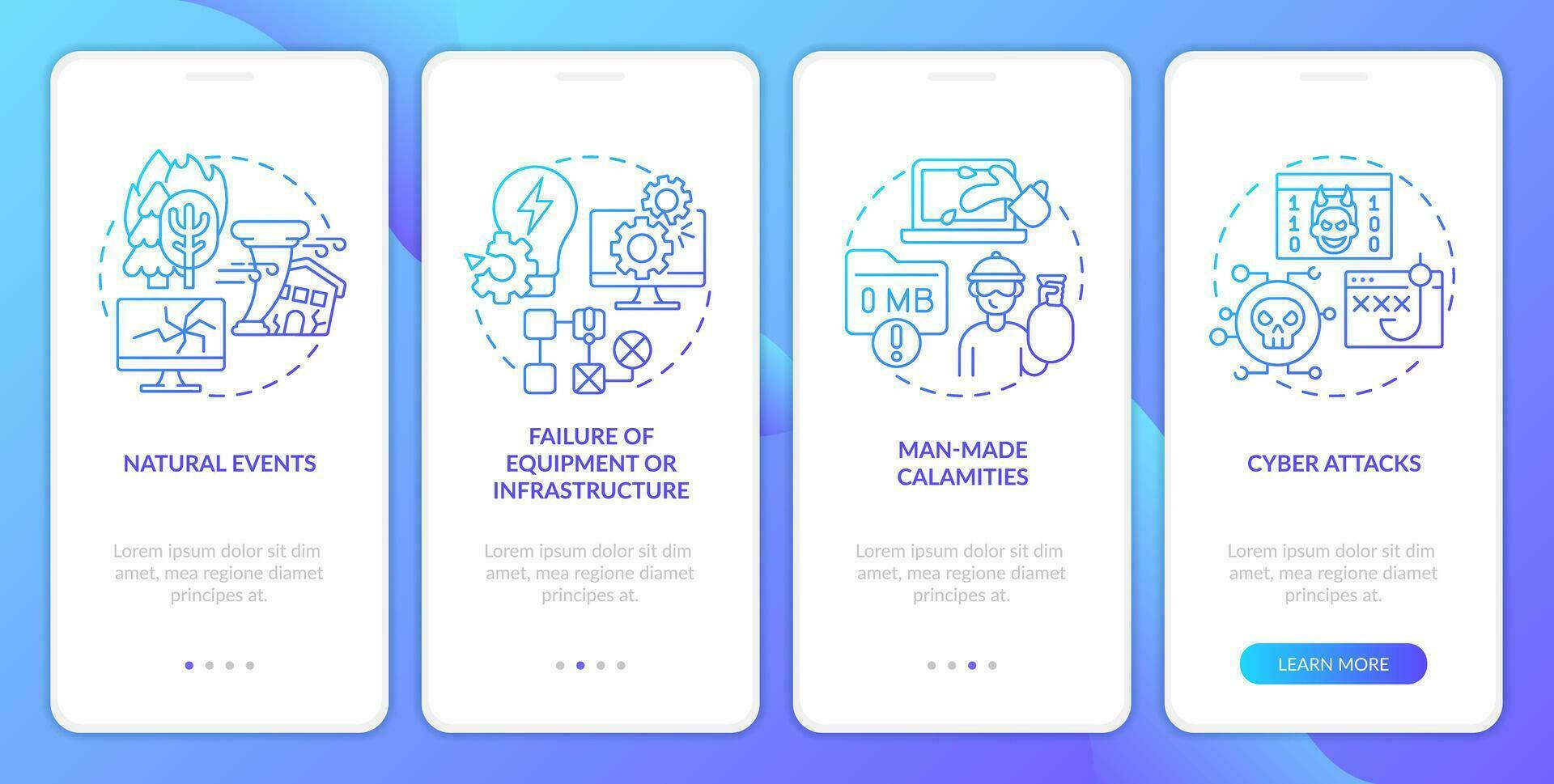 What is disaster blue gradient onboarding mobile app screen. Failures walkthrough 4 steps graphic instructions with linear concepts. UI, UX, GUI template vector