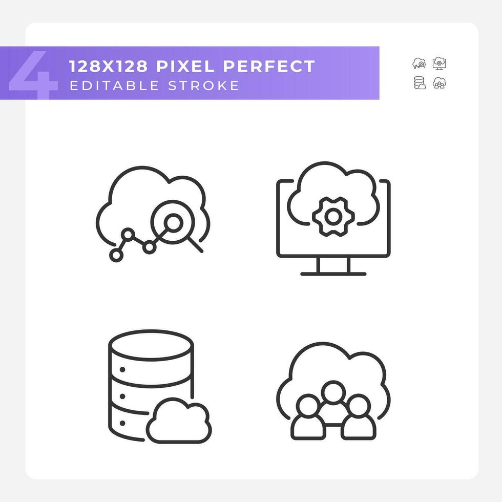 Cloud based service pixel perfect linear icons set. Users access to data on internet. Virtual storage settings. Customizable thin line symbols. Isolated vector outline illustrations. Editable stroke