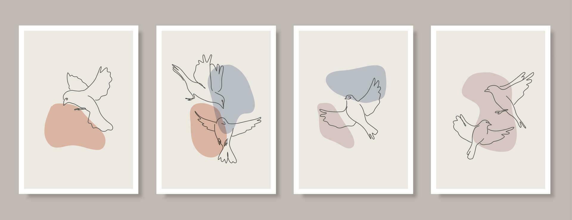 Set of hand-drawn bird decoration art vector set. Animal background with abstract shapes in black outline style. Abstract Arts design for print, cover, wallpaper, Minimal and natural wall art. See Les