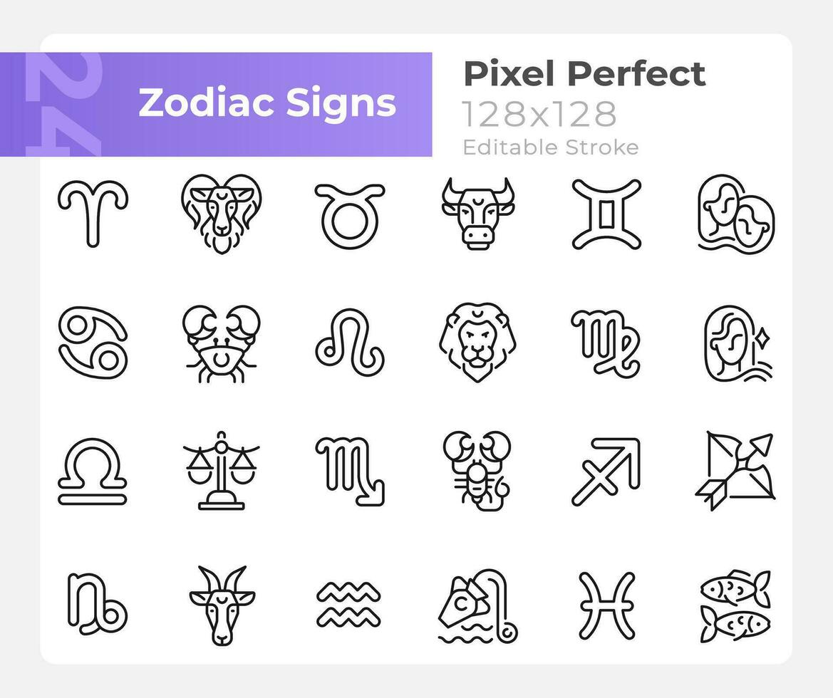 Zodiac signs pixel perfect linear big icons set. Astrological elements. Customizable thin line symbols. Isolated vector outline illustrations. Editable stroke