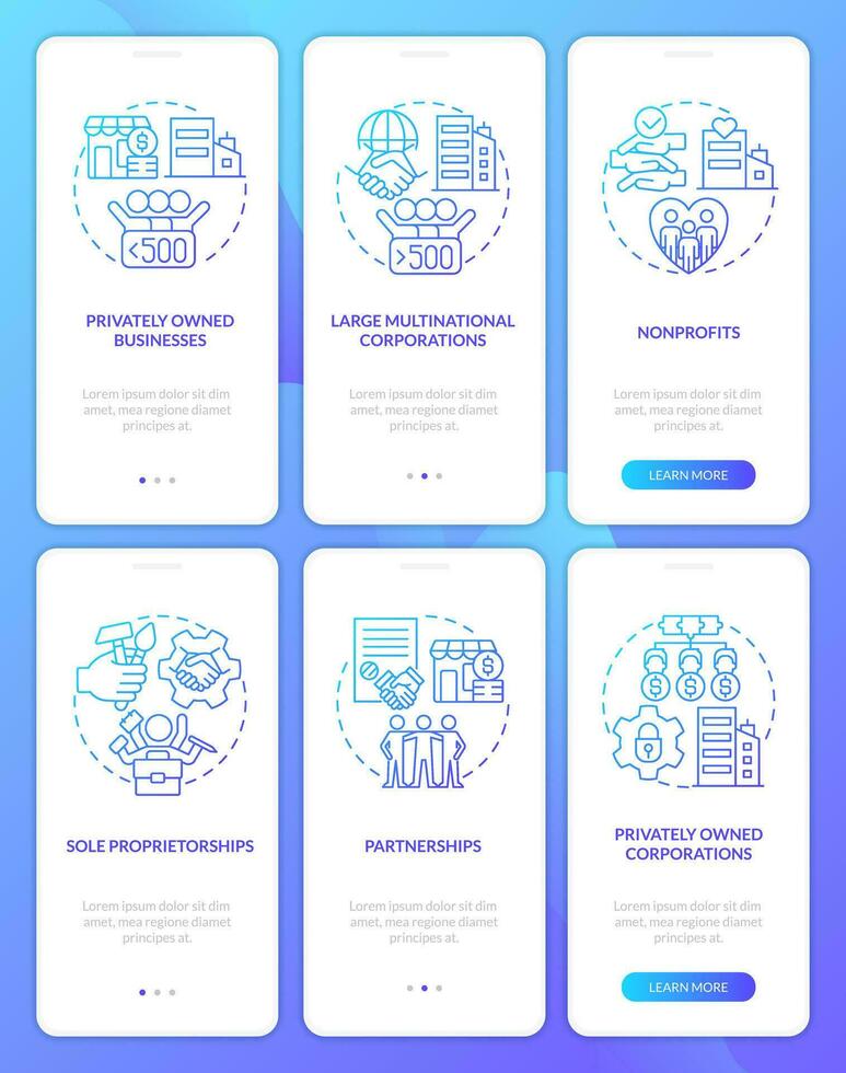 Private sector companies types blue gradient onboarding mobile app screens set. Walkthrough 3 steps graphic instructions with linear concepts. UI, UX, GUI template vector
