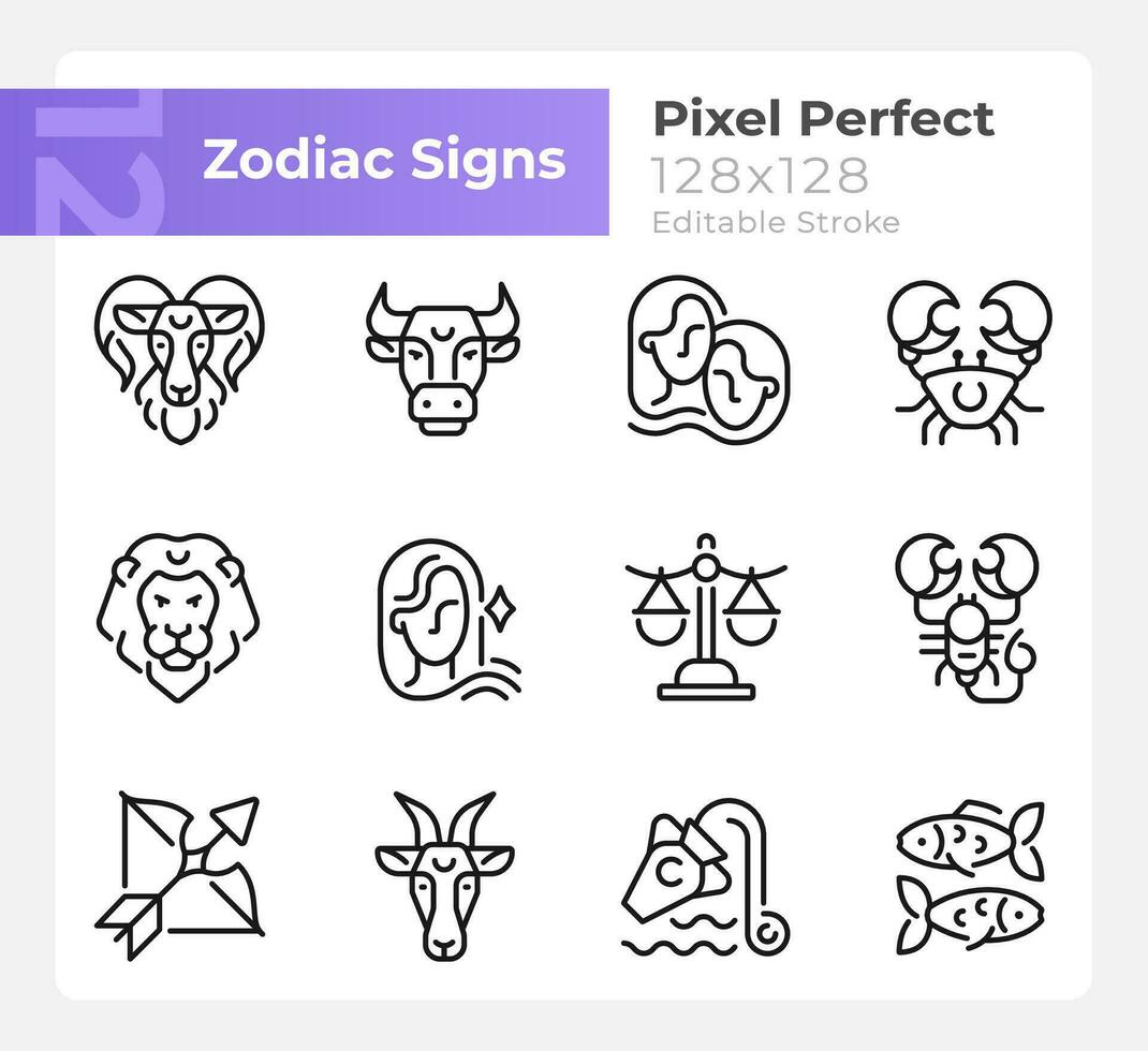 Astrological signs pixel perfect linear icons set. Twelve zodiac elements. Customizable thin line symbols. Isolated vector outline illustrations. Editable stroke