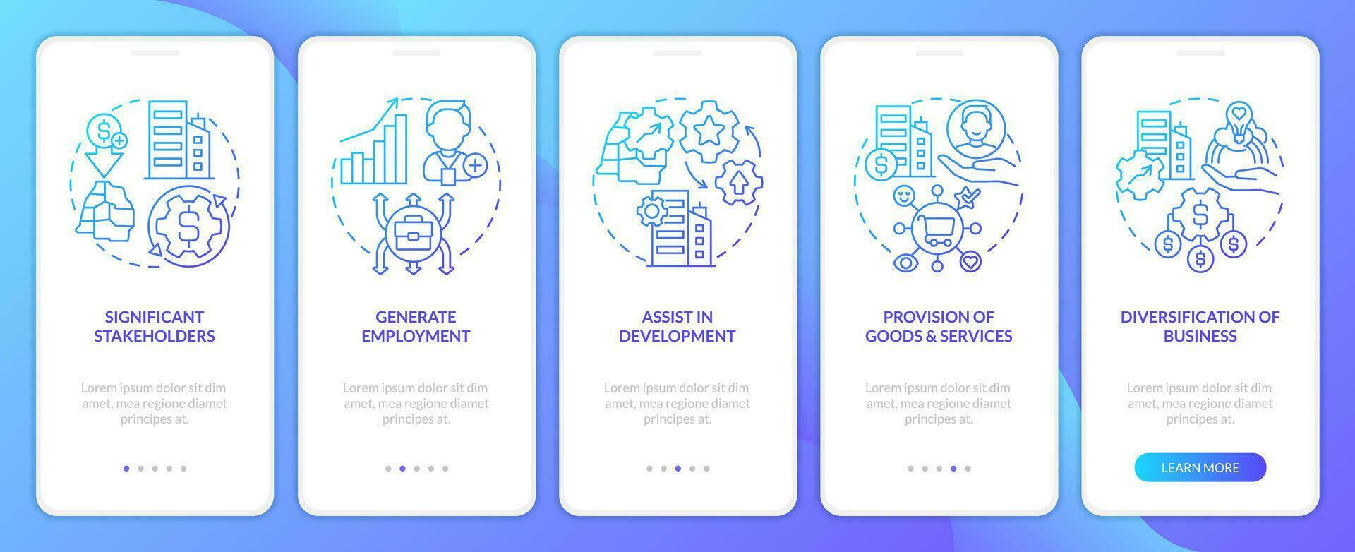 Private sector role blue gradient onboarding mobile app screen. Commerce walkthrough 5 steps graphic instructions with linear concepts. UI, UX, GUI template vector