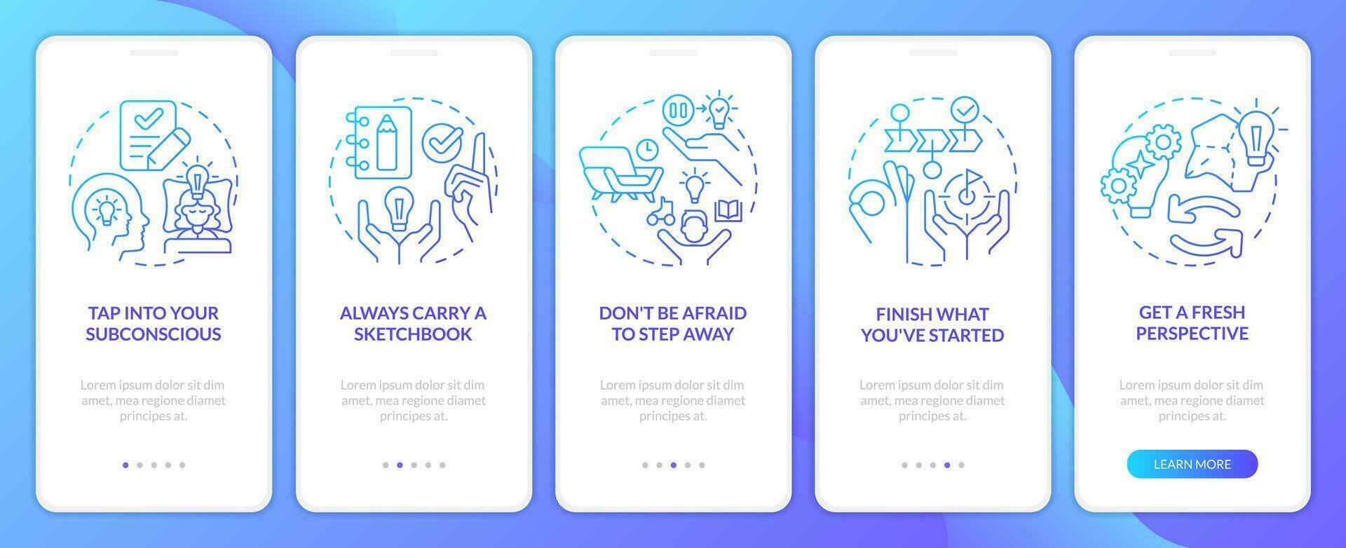 Ways to beat creative block blue gradient onboarding mobile app screen. Walkthrough 5 steps graphic instructions with linear concepts. UI, UX, GUI template vector