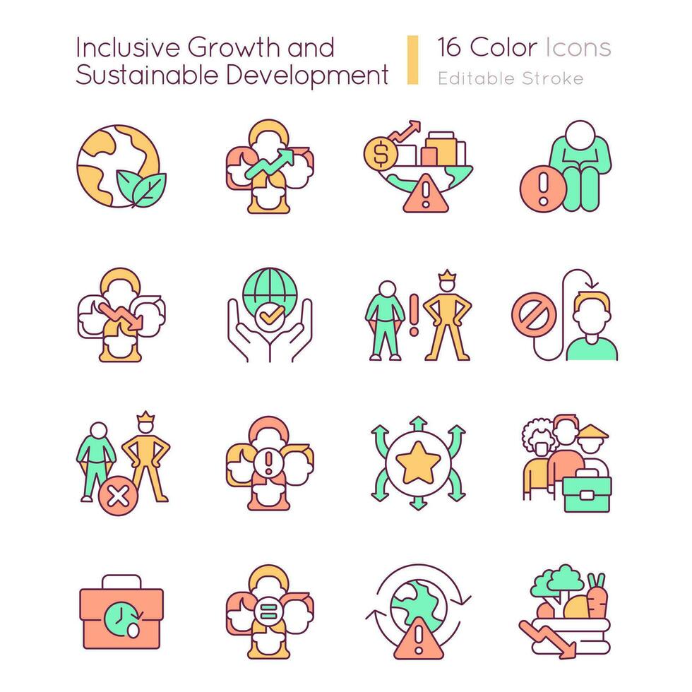 inclusivo crecimiento y sostenible desarrollo rgb color íconos colocar. social igualdad. aislado vector ilustraciones. sencillo lleno línea dibujos recopilación. editable carrera usado