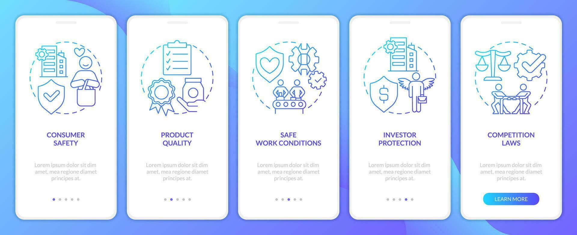 Private sector regulations blue gradient onboarding mobile app screen. Control walkthrough 5 steps graphic instructions with linear concepts. UI, UX, GUI template vector