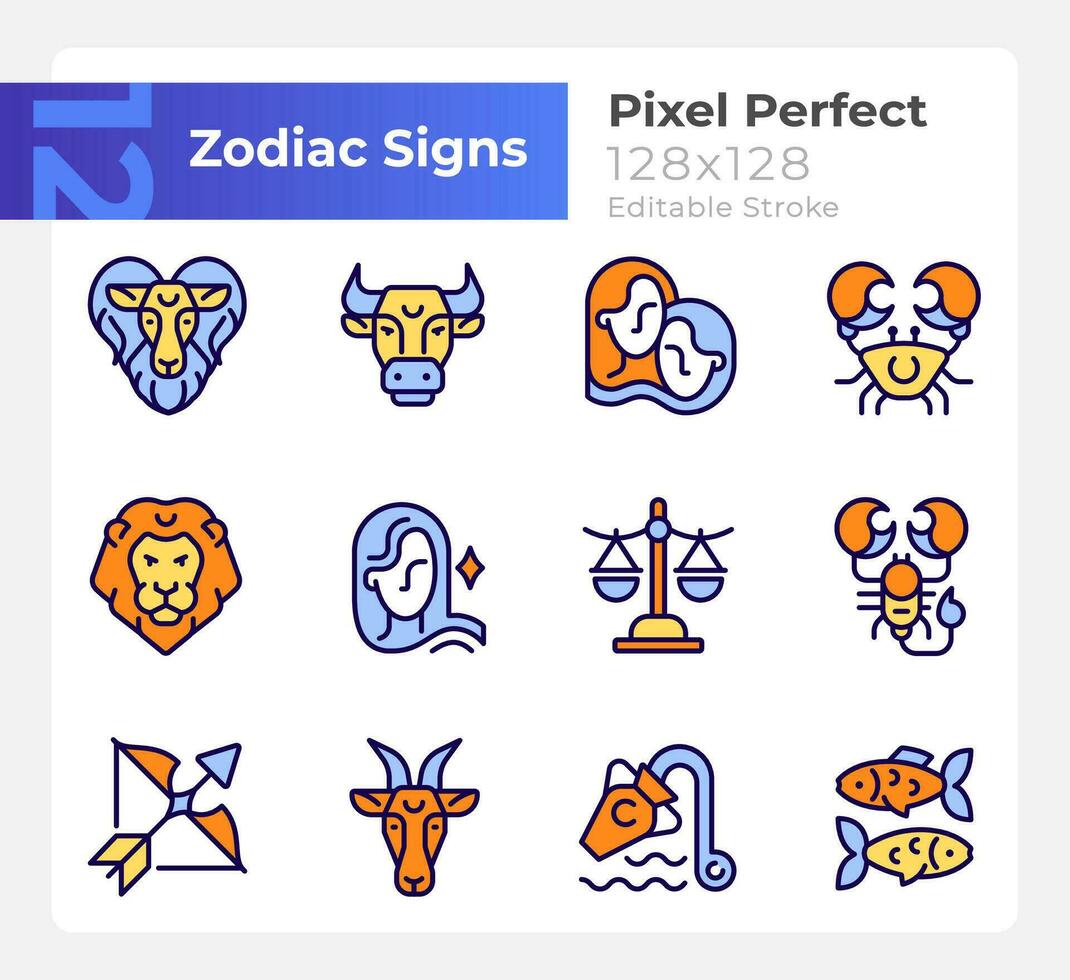 Astrological signs pixel perfect RGB color icons set. Twelve zodiac elements. Isolated vector illustrations. Simple filled line drawings collection. Editable stroke