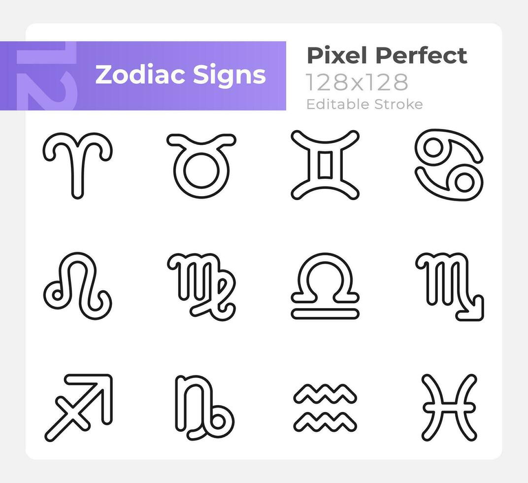 Twelve zodiac signs of western astrology pixel perfect linear icons set. Customizable thin line symbols. Isolated vector outline illustrations. Editable stroke