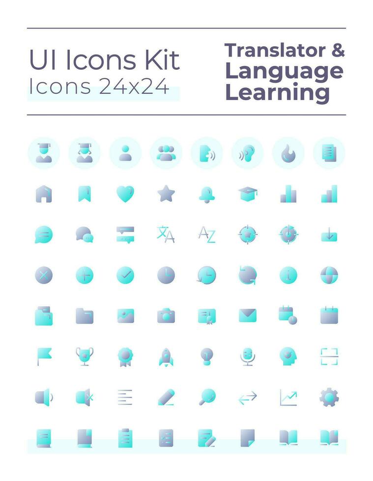 Translator flat gradient two-color ui icons set. Language learning. Communication. Vector isolated RGB pictograms. GUI, UX design for web, mobile