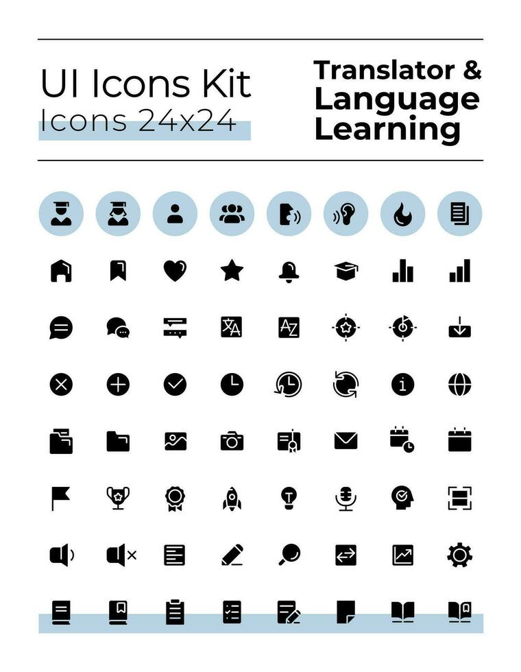 Translator black glyph ui icons set. Language learning. Silhouette symbols on white space. Solid pictograms for web, mobile. Isolated vector illustrations