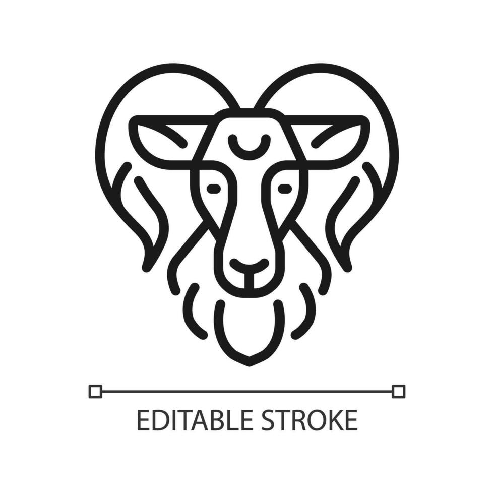 Ram head pixel perfect linear icon. Aries zodiac animal. Horoscope sign. Western astrology. Male sheep. Thin line illustration. Contour symbol. Vector outline drawing. Editable stroke