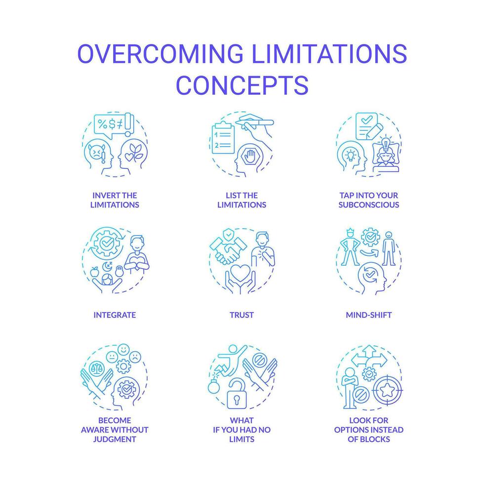 Overcoming limitations blue gradient concept icons set. Mindset change. Breaking inner blocks idea thin line color illustrations. Isolated symbols vector