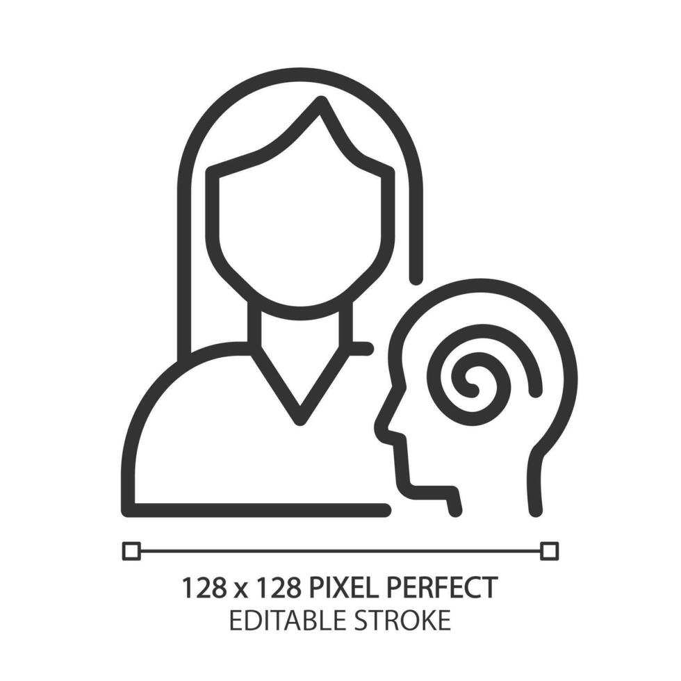 Psychiatry pixel perfect linear icon. Mental disorders diagnostics and treatment. Cognition, mood. Health care service. Thin line illustration. Contour symbol. Vector outline drawing. Editable stroke