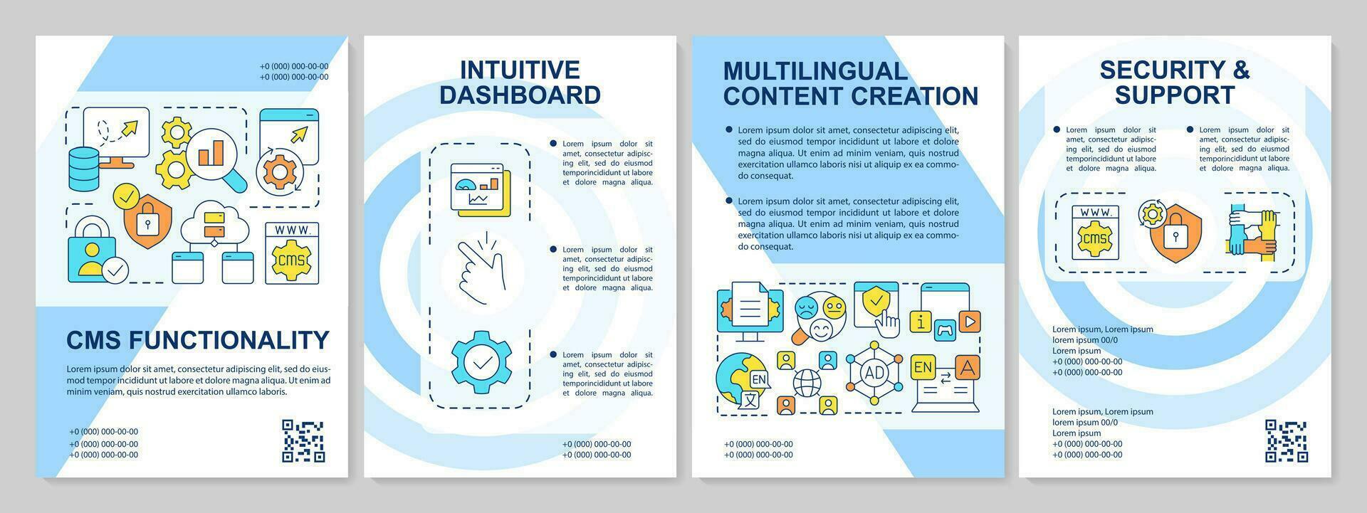 CMS features blue brochure template. Platform tools. Leaflet design with linear icons. Editable 4 vector layouts for presentation, annual reports