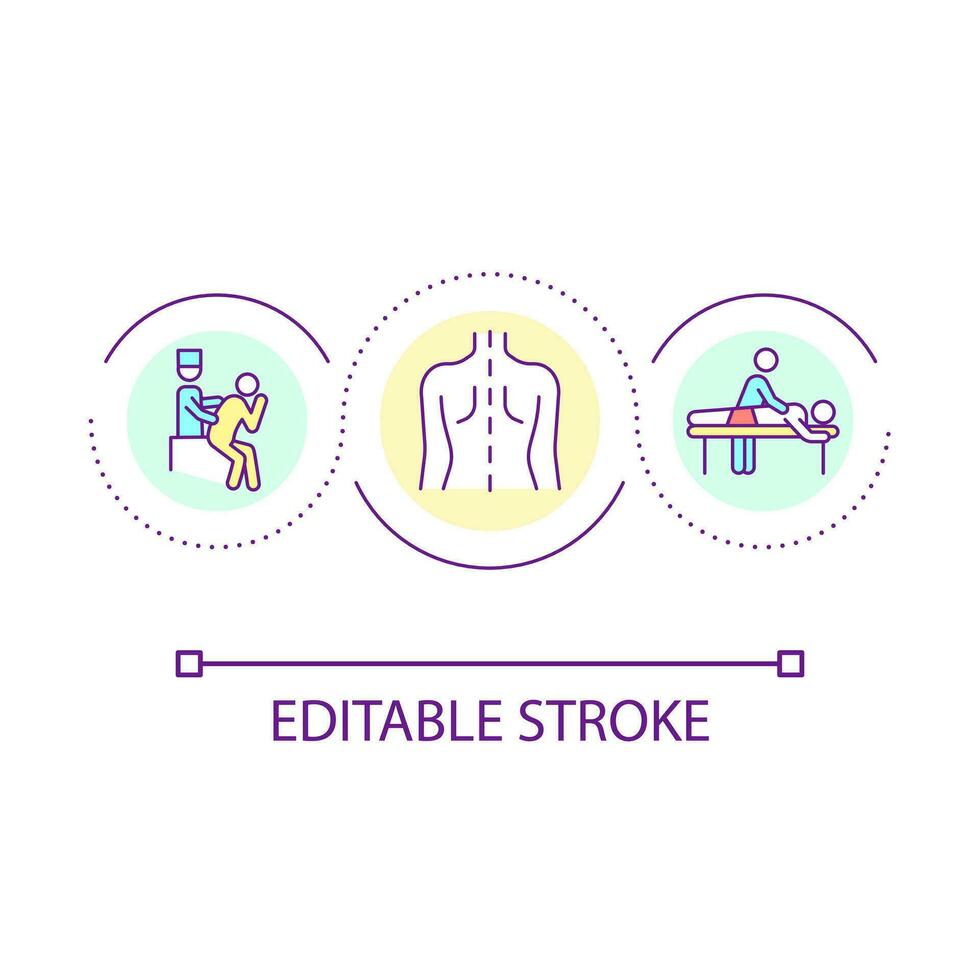 Spine problems loop concept icon. Medical massage. Back issues. Scoliosis treatment. Body therapist abstract idea thin line illustration. Isolated outline drawing. Editable stroke vector