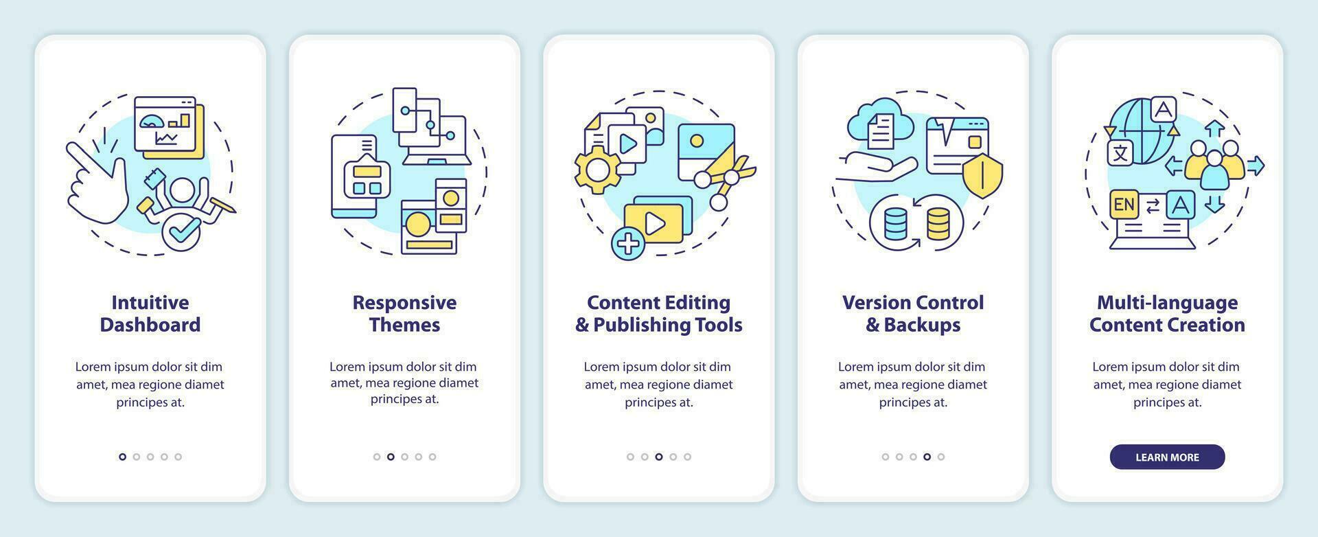 Key CMS features onboarding mobile app screen. Content management walkthrough 5 steps editable graphic instructions with linear concepts. UI, UX, GUI template vector