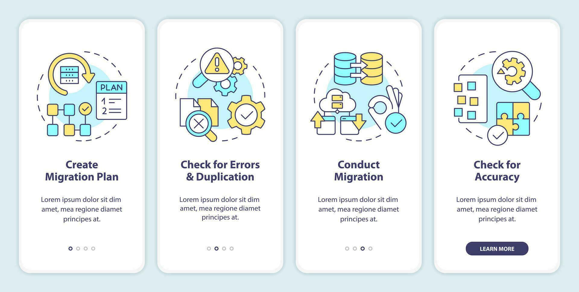 Perform CMS data migration onboarding mobile app screen. Platform walkthrough 4 steps editable graphic instructions with linear concepts. UI, UX, GUI template vector