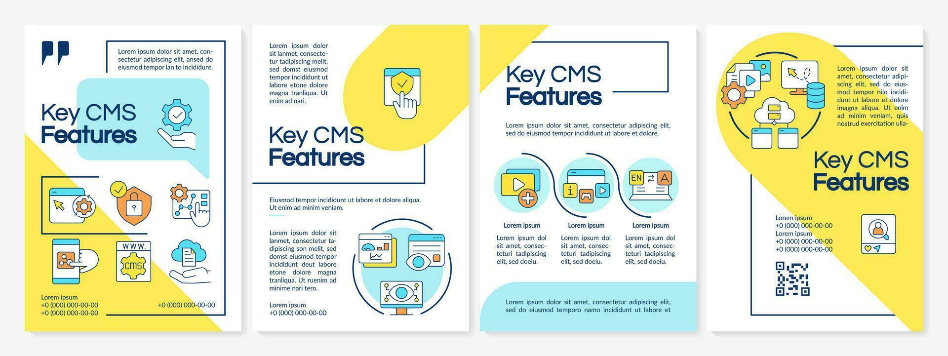 Key CMS features blue and yellow brochure template. Optimize website. Leaflet design with linear icons. Editable 4 vector layouts for presentation, annual reports