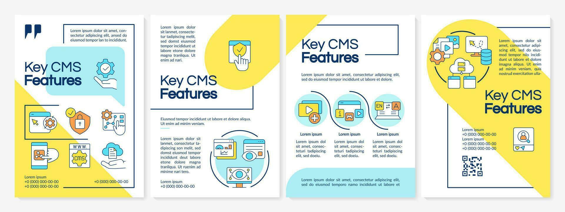 llave cms caracteristicas azul y amarillo folleto modelo. optimizar sitio web. folleto diseño con lineal iconos editable 4 4 vector diseños para presentación, anual informes