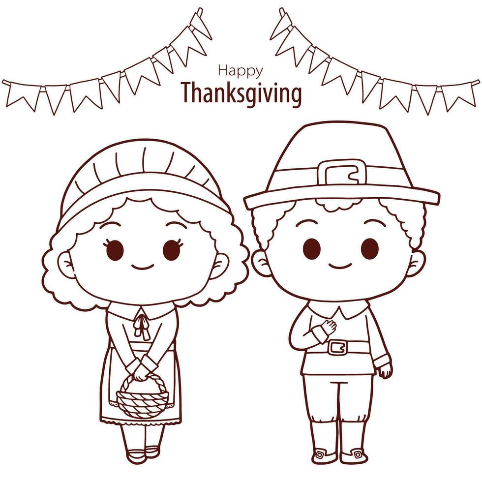 Thanksgiving hand drawn doodle with Thanksgiving pilgrims costume cartoon character and pennant flag banner vector
