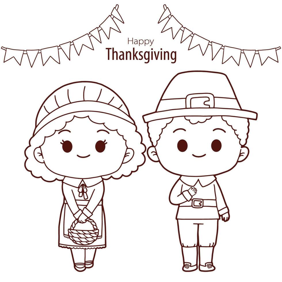 Thanksgiving hand drawn doodle with Thanksgiving pilgrims costume cartoon character and pennant flag banner vector