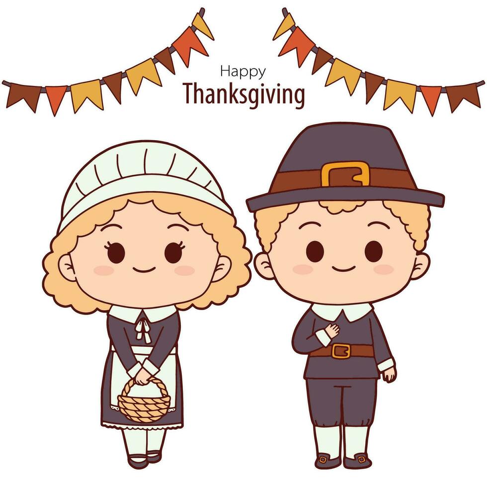 Thanksgiving hand drawn with Thanksgiving pilgrims costume cartoon character and pennant flag banner vector