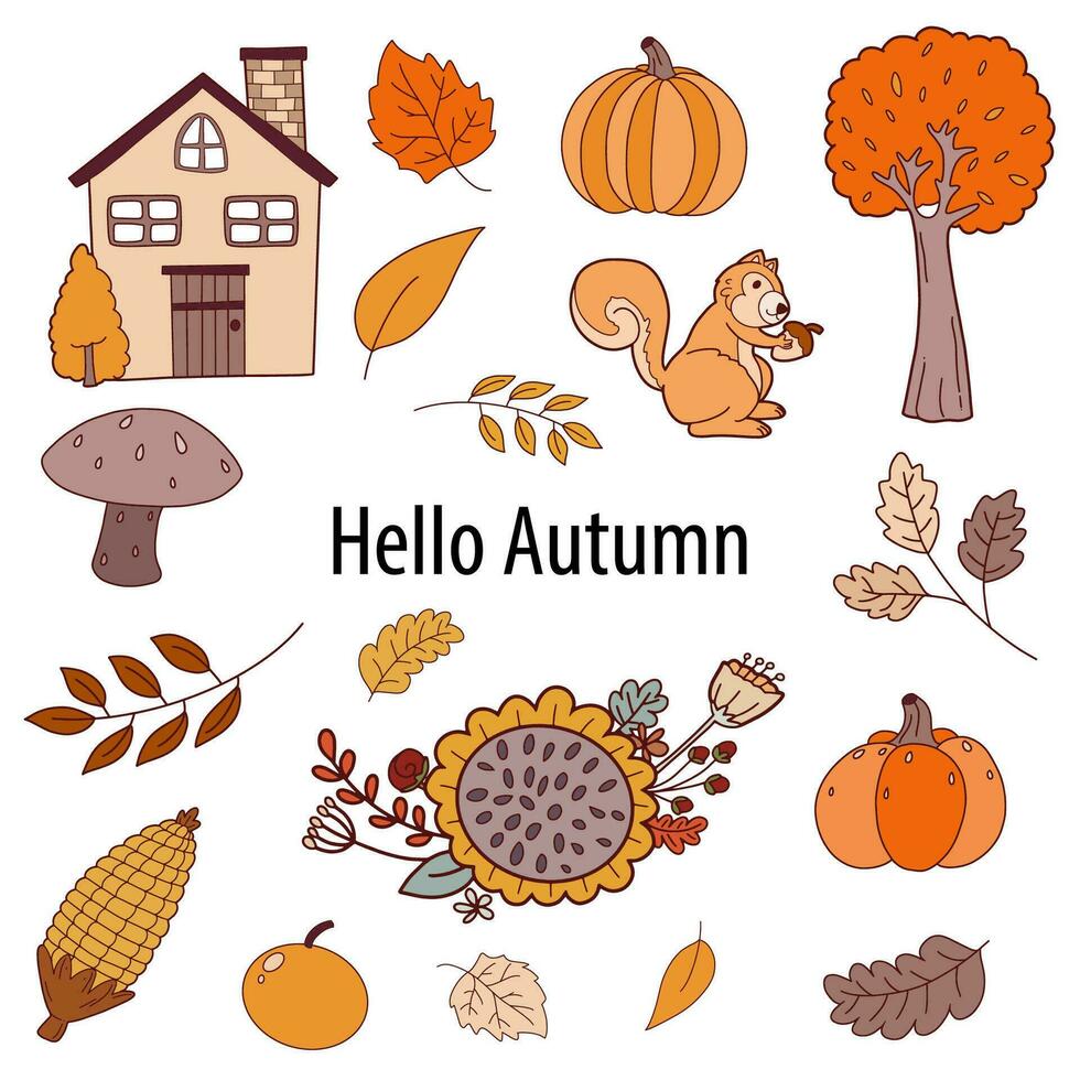 Autumn bundle of cozy design elements. Set of fall twigs with leaves, Foliage, Cottage, Pumpkins, Squirrel, Mushroom and Autumn Flower vector