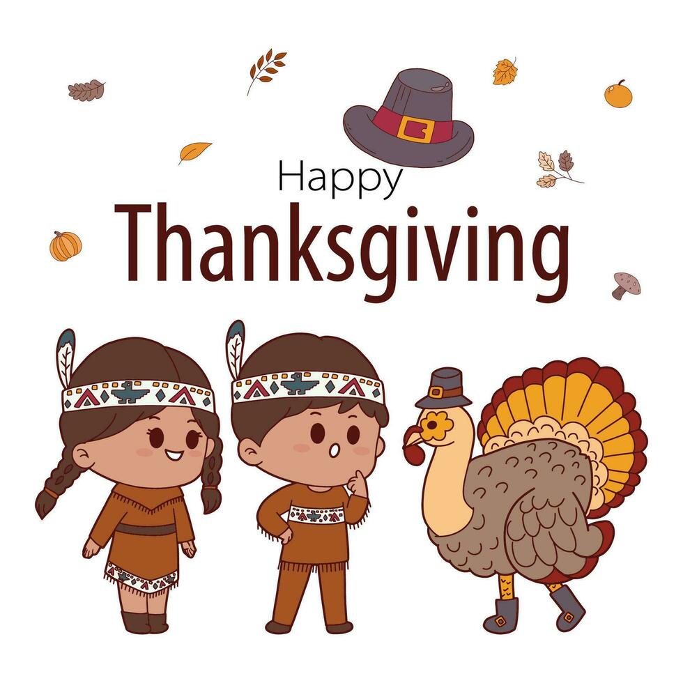 acción de gracias mano dibujado con americano indio niños, pavo, peregrino sombrero, otoño hojas dibujos animados personaje vector