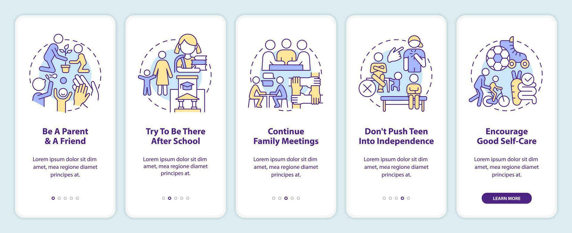 Peaceful teen parenting tips onboarding mobile app screen. Family walkthrough 5 steps editable graphic instructions with linear concepts. UI, UX, GUI template vector