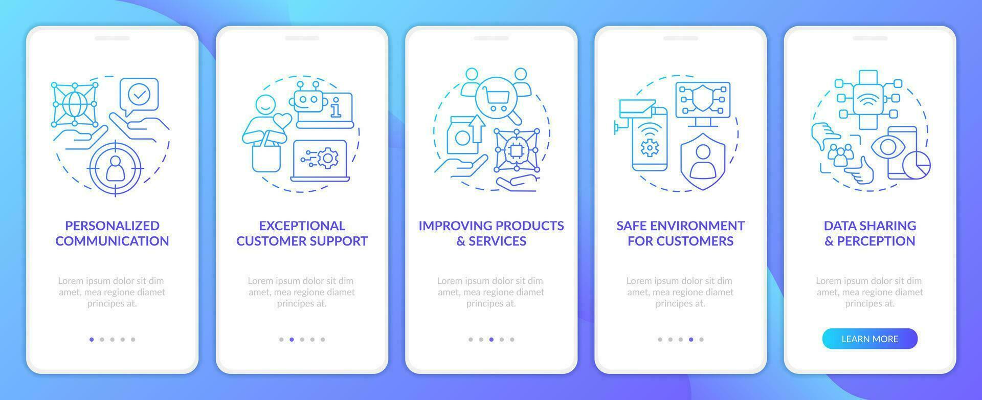 Involve IoT for business reasons blue gradient onboarding mobile app screen. Walkthrough 5 steps graphic instructions with linear concepts. UI, UX, GUI template vector