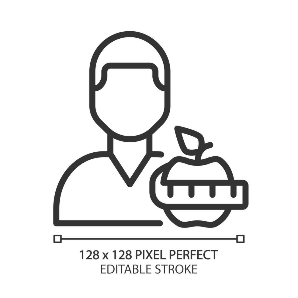 Dietitian service pixel perfect linear icon. Healthy nutrition. Weight management. Dieting. Nutritionist service.Thin line illustration. Contour symbol. Vector outline drawing. Editable stroke