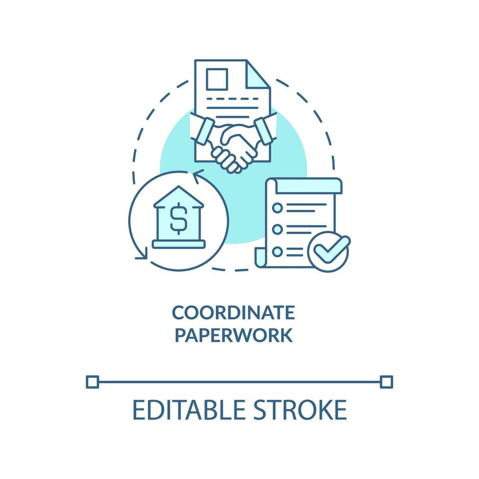Coordinate paperwork turquoise concept icon. Real estate contract. Documents control abstract idea thin line illustration. Isolated outline drawing. Editable stroke vector