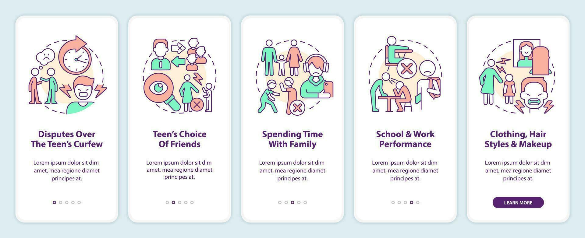 Parent teen conflict areas onboarding mobile app screen. Family walkthrough 5 steps editable graphic instructions with linear concepts. UI, UX, GUI template vector