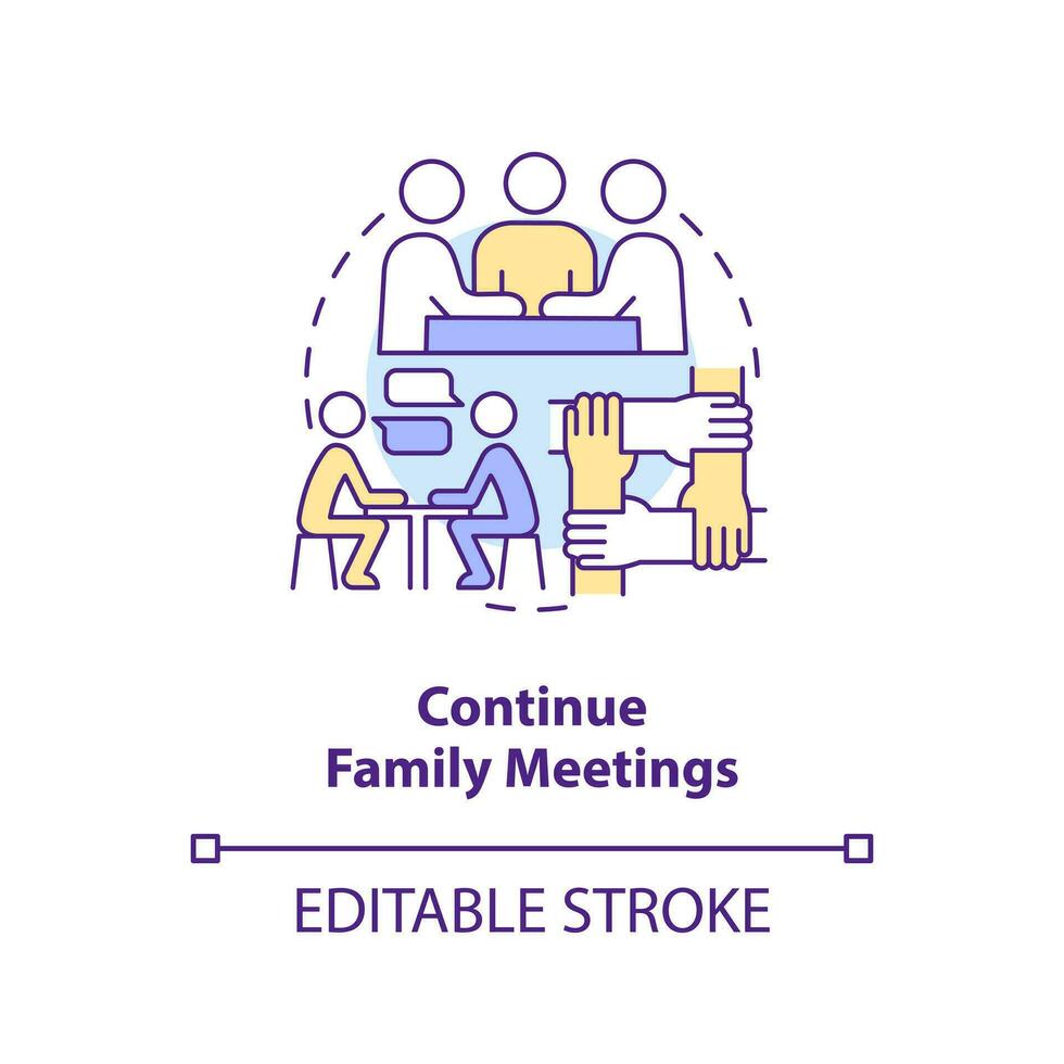 Continue family meetings concept icon. Communication. Peaceful teen parenting tip abstract idea thin line illustration. Isolated outline drawing. Editable stroke vector