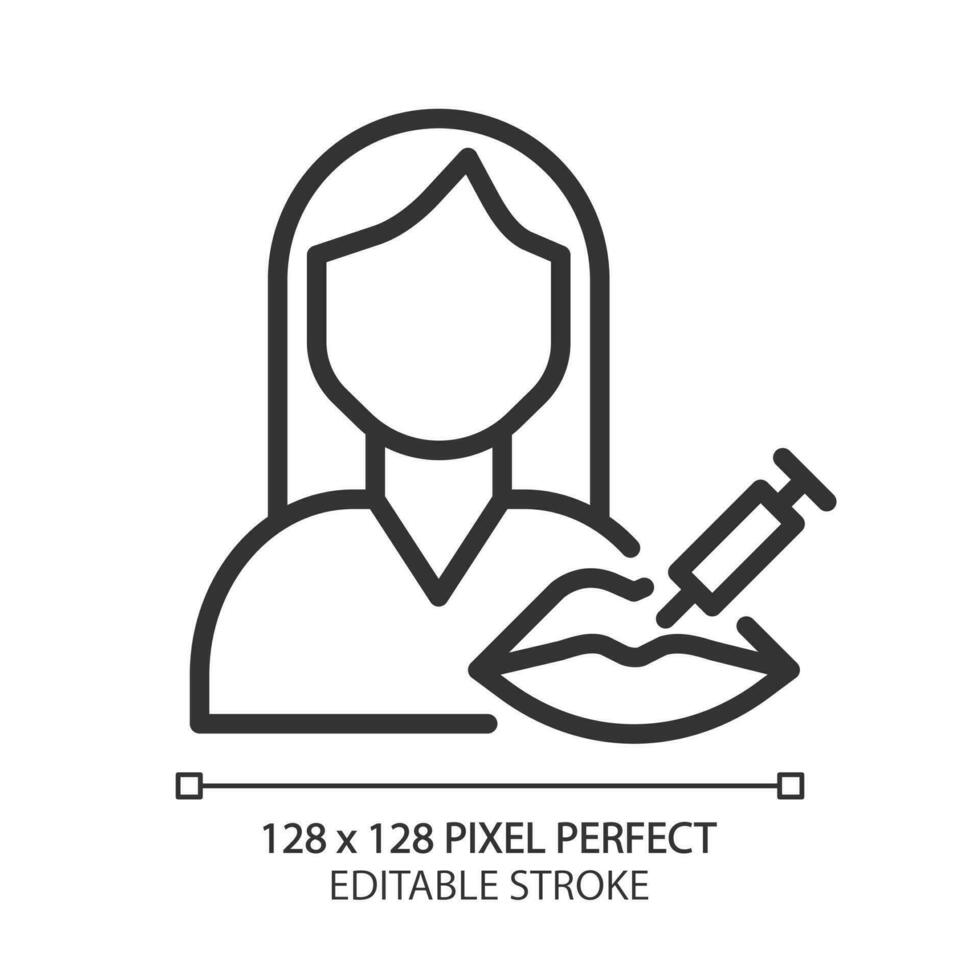 Cosmetic services pixel perfect linear icon. Aesthetic medicine service. Lip injection to add volume. Cosmetologist. Thin line illustration. Contour symbol. Vector outline drawing. Editable stroke