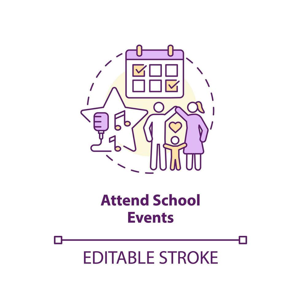 Attend school events concept icon. Schedule visiting. Promoting self esteem in teens abstract idea thin line illustration. Isolated outline drawing. Editable stroke vector