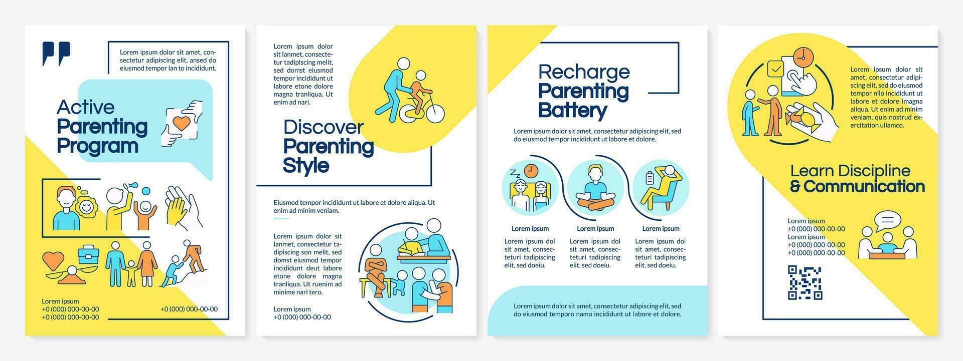 Active parenting program blue and yellow brochure template. Leaflet design with linear icons. Editable 4 vector layouts for presentation, annual reports