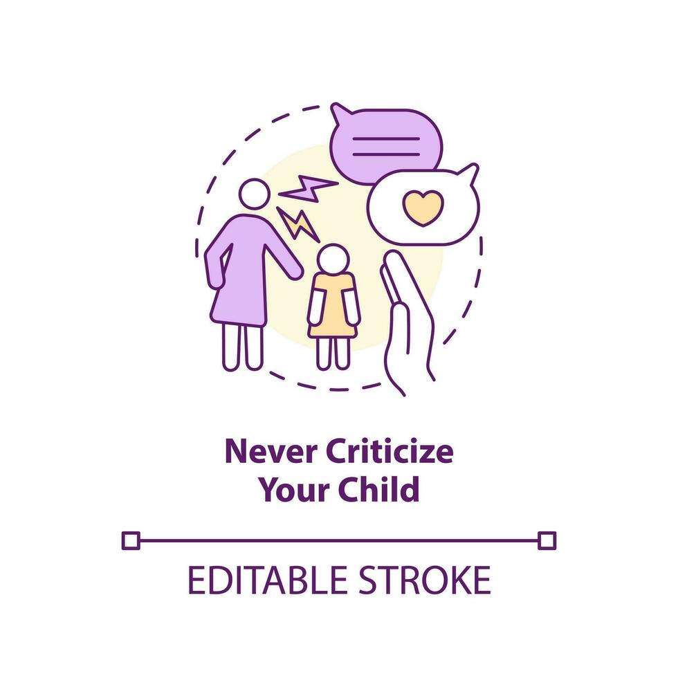 Never criticize your child concept icon. Promoting self esteem in teens abstract idea thin line illustration. Isolated outline drawing. Editable stroke vector