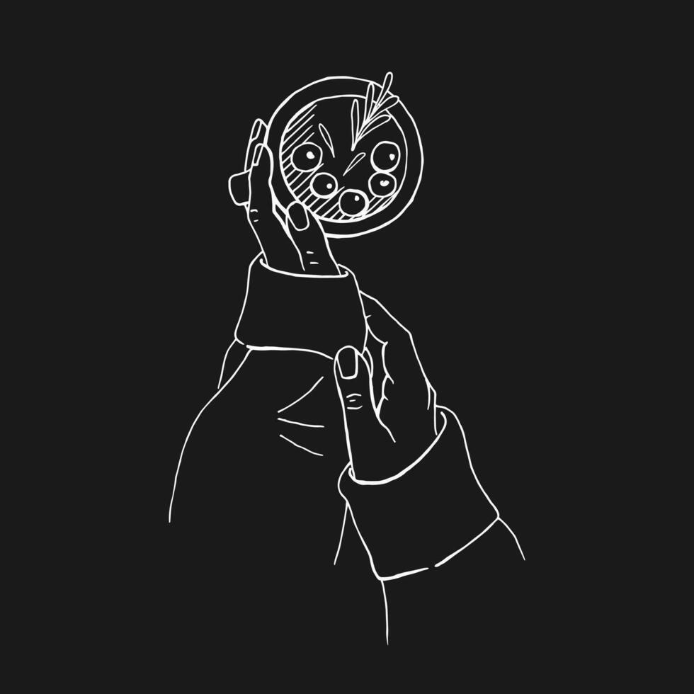 Hand drawn sketch of hands holding a cup of mulled wine. Vector illustration isolated on black background.