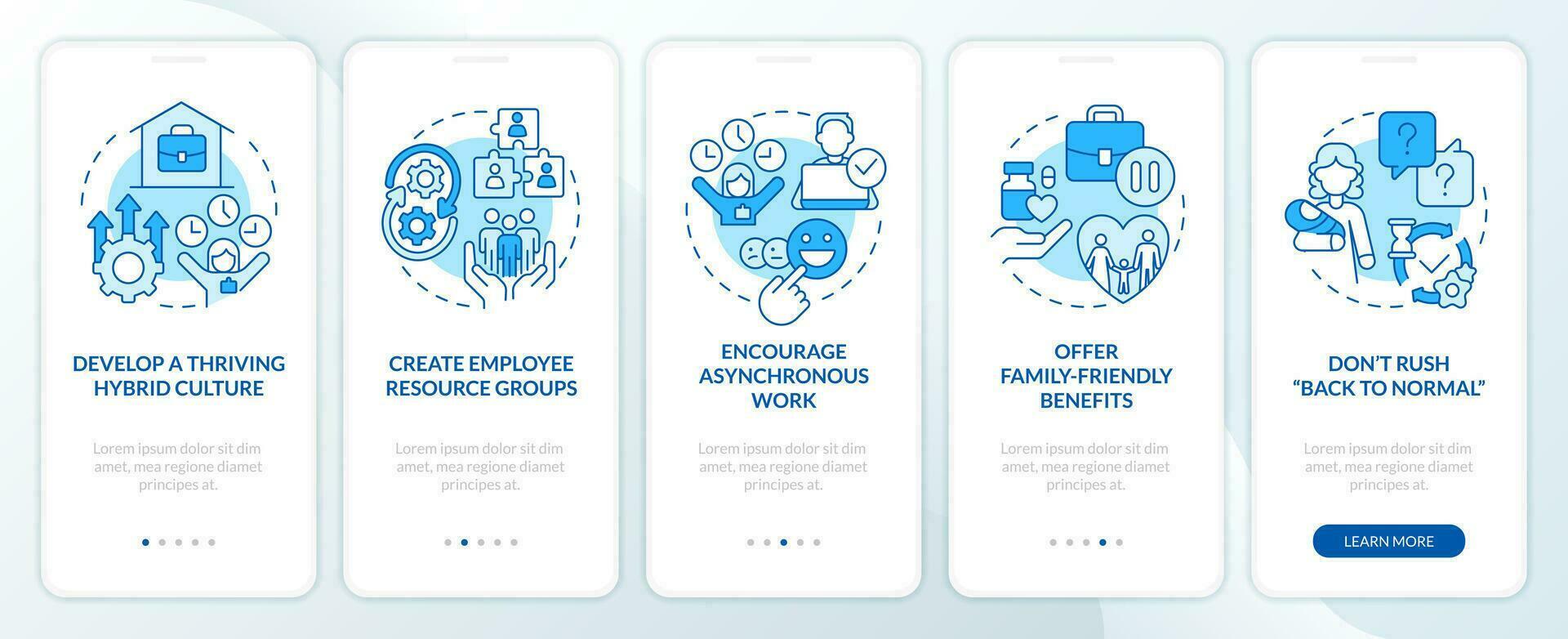 Family-friendly employer blue onboarding mobile app screen. Walkthrough 5 steps editable graphic instructions with linear concepts. UI, UX, GUI template vector