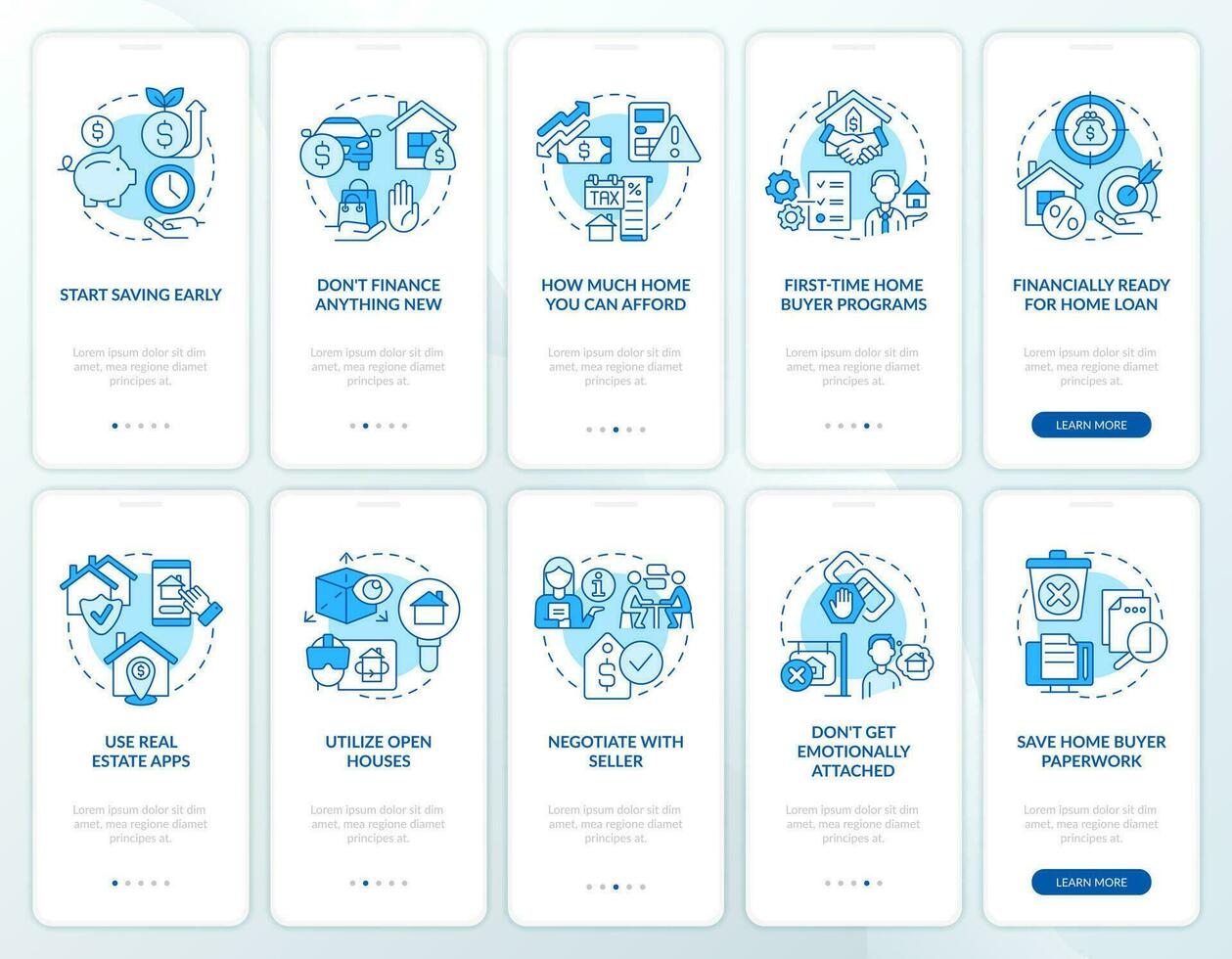 Ready to buy house blue onboarding mobile app screen set. Homeowner walkthrough 5 steps editable graphic instructions with linear concepts. UI, UX, GUI template vector